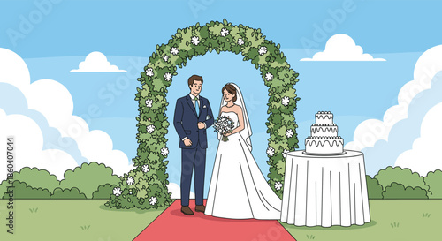 Bride and groom standing under a floral arch during an outdoor wedding ceremony next to a tiered cake.