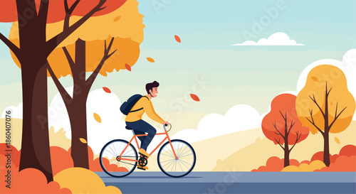 A cheerful man cycling on a road through a vibrant autumnal landscape with colorful trees and falling leaves under a clear sky.