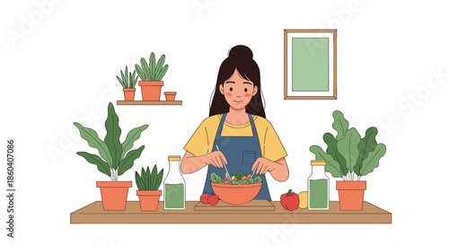 Young woman in an apron preparing a fresh salad on a kitchen counter surrounded by many indoor green plants.