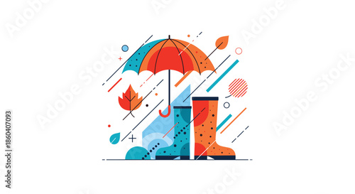 A vibrant autumn illustration featuring an open orange umbrella, colorful rain boots, and falling leaves with abstract geometric lines.