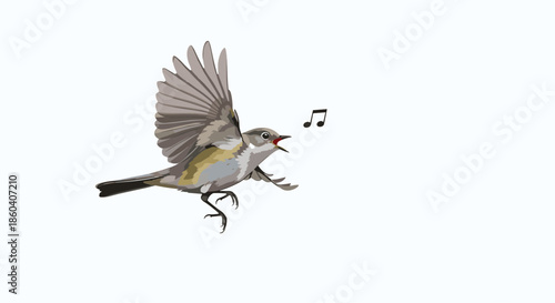 A small, cheerful bird in mid-flight with outstretched wings, happily singing and producing musical notes on a white background.