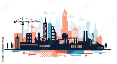 A vibrant modern city skyline silhouette featuring towering skyscrapers, industrial buildings, and construction cranes, depicting urban development.