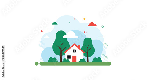 A charming cartoon illustration of a cozy small house with a red roof, surrounded by green trees and fluffy clouds.