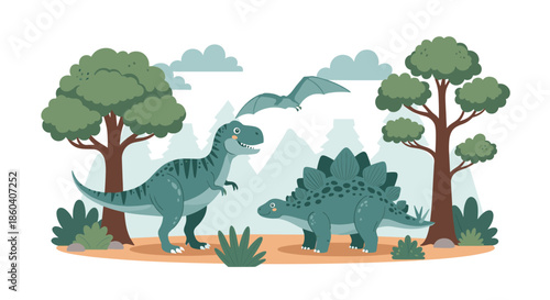 Prehistoric landscape featuring a Tyrannosaurus Rex, Stegosaurus, and a Pterodactyl flying in a forest.