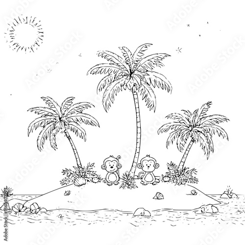 Monkeys Sitting Under Palm Trees on Tropical Island at Sunset