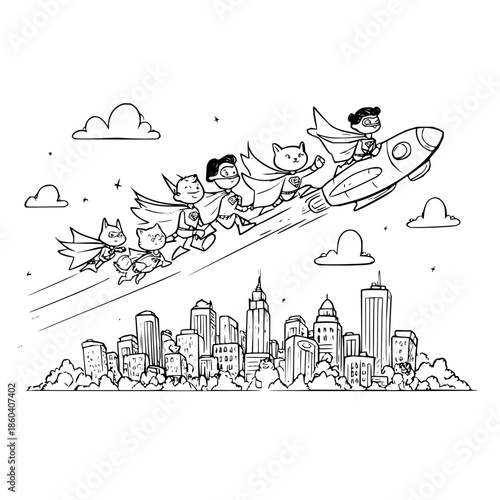 Children Flying on Rocket over City Skyline with Cats
