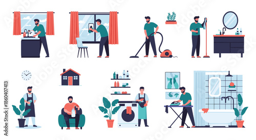A comprehensive set of illustrations depicting a man performing various household chores, including cleaning, vacuuming, ironing, and laundry tasks.