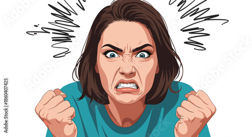 Close up portrait of an extremely angry woman with clenched teeth and fists in a comic book style.