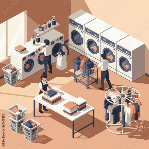 Laundry Room with People and Machines.