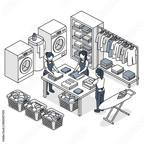 Laundry Workers Sorting and Folding Clothes.
