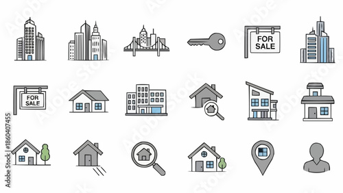 Real Estate Icons - Buildings, Houses, Keys, and For Sale Signs.