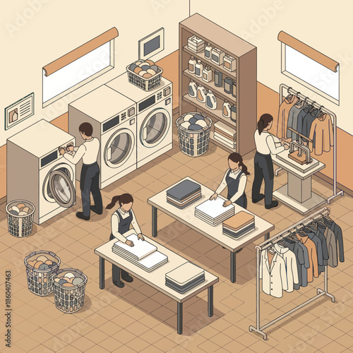 Laundry Service Workers Folding and Organizing Clothes.