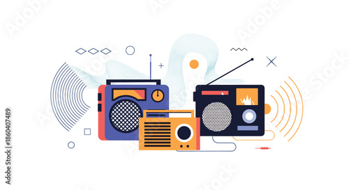 Collection of three vintage radio receivers in different sizes and colors, playing music with abstract sound wave elements around them.