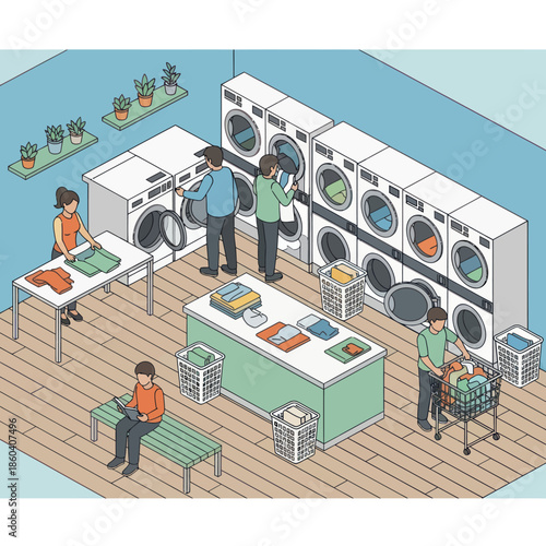 Laundry Facility with People and Machines.