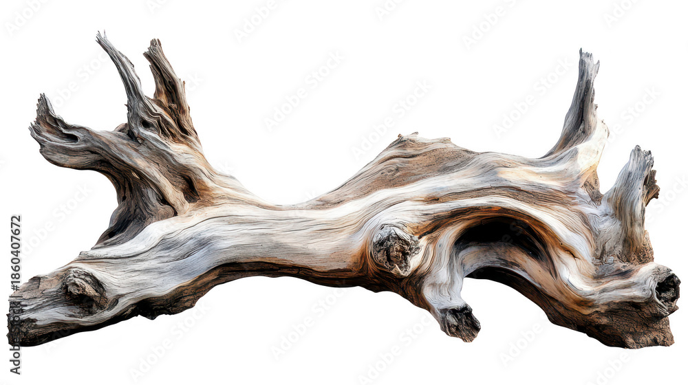 Fototapeta premium A beautifully weathered piece of driftwood intricate textures and natural patterns. set against a clean white background. ideal for nature-themed projects and decor