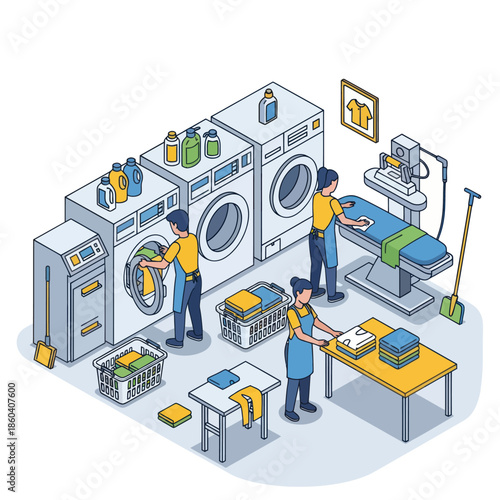 Laundry Workers Sorting and Washing Clothes.