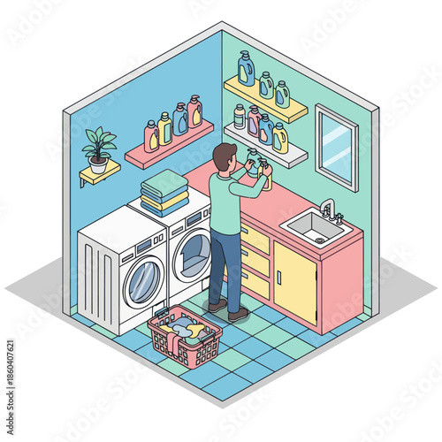 Woman Doing Laundry in Colorful Laundry Room.