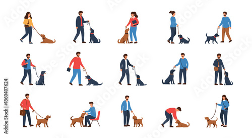 Collection of diverse people engaging in various activities with their dogs, including walking, training, and bonding moments.