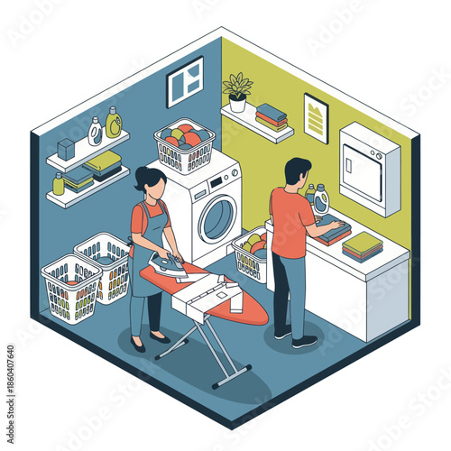 Woman Ironing Clothes in Laundry Room.
