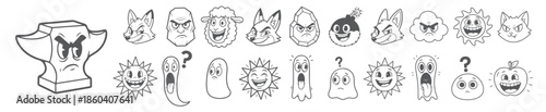 Cartoon Character Faces Set, Vector Illustration of Funny and Angry Mascots