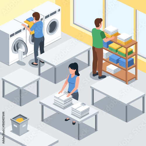 Laundry Room with People and Machines.