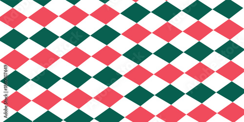 Christmas rhombus seamless pattern. Red and green xmas plaid texture with gold line. Argyle geometric diamond pattern. Christmas abstract wrapping bg. Vector illustration isolated on white background.