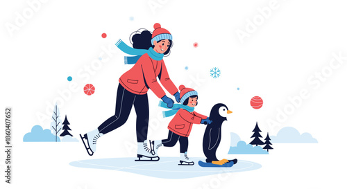 Joyful mother and child ice skating together outdoors, using a penguin-shaped helper for support, surrounded by winter scenery.