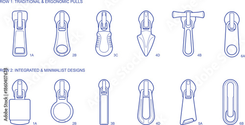 Technical vector collection of various zipper pulls and sliders including traditional ergonomic integrated and minimalist designs for clothing garment and accessories