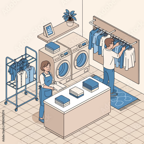 Laundry Service Workers Organizing Clean Clothes.