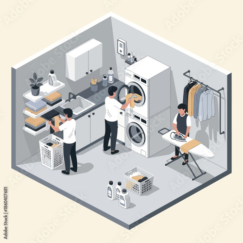 Laundry Room with People Doing Chores.
