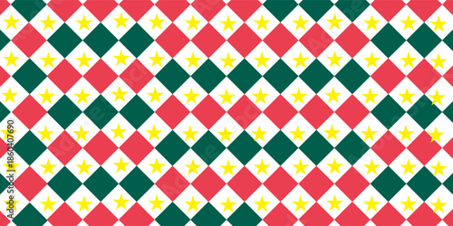 Christmas rhombus seamless pattern. Red and green xmas plaid texture with gold line. Argyle geometric diamond pattern. Christmas abstract wrapping bg. Vector illustration isolated on white background.