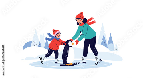 Mother and child ice skating on a frozen pond, with the child using a penguin-shaped helper, surrounded by a serene winter landscape.