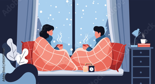 Cozy couple wrapped in blankets, enjoying hot drinks by a window overlooking a snowy winter landscape, creating a warm ambiance.