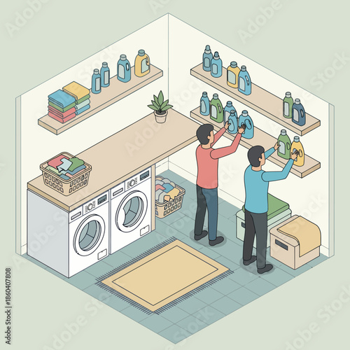 Two Men Organizing Laundry Room Supplies.
