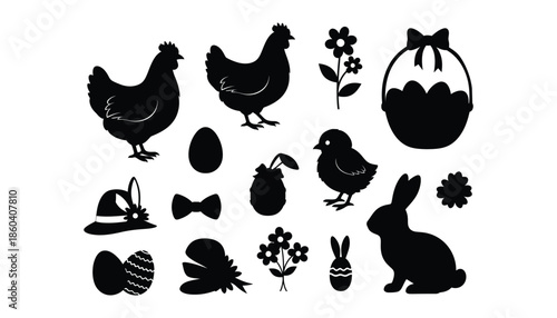 Black silhouettes of easter icons including chickens, eggs, and bunny on white background