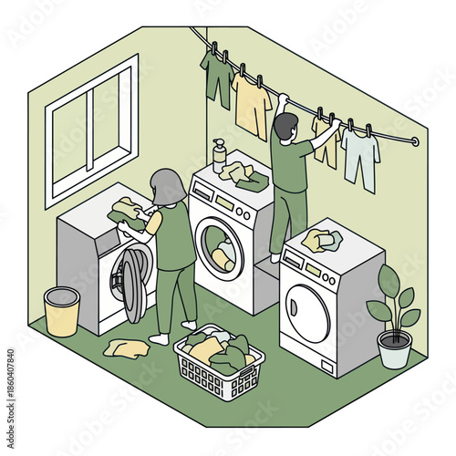 Woman Doing Laundry in Utility Room.