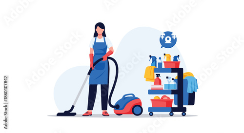 Diligent woman vacuuming a floor with a modern vacuum cleaner, with a cleaning cart full of supplies next to her, depicting household chores.