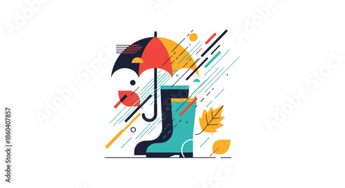 Vibrant autumn illustration featuring a colorful umbrella, rubber rain boots, falling raindrops, and autumn leaves, depicting the fall weather.