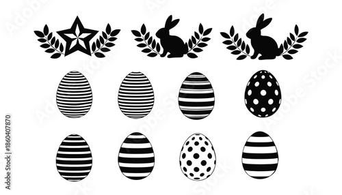 Black and white easter eggs with bunnies and star on white background