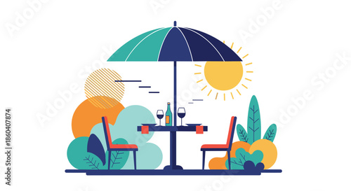 Inviting outdoor dining scene with a table, chairs, and an umbrella under the warm sun, surrounded by lush green plants, for a romantic meal.