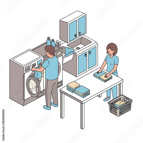 Laundry Workers Folding and Sorting Clothes.