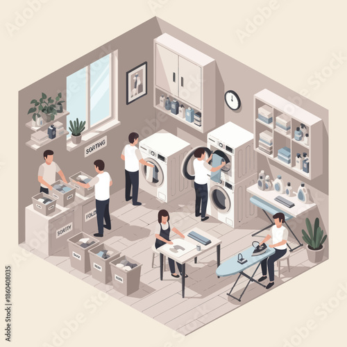 Laundry Room with People Working Together.