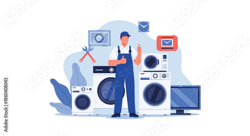 Confident repairman giving a thumbs-up while standing amidst a variety of home appliances, signifying expert repair and maintenance services.