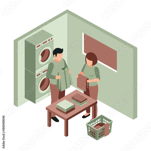 Two Women Doing Laundry in Laundry Room.