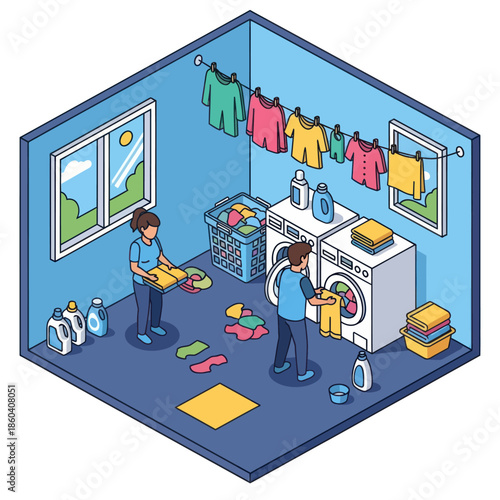 Laundry Room with People Doing Chores.