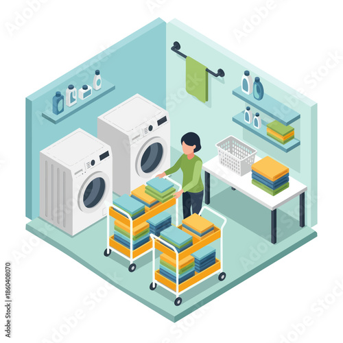 Woman Organizing Laundry in Utility Room.