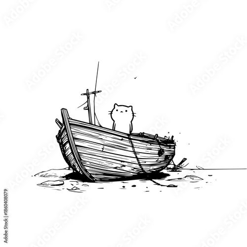 Cat Sitting on Old Wooden Boat on Beach