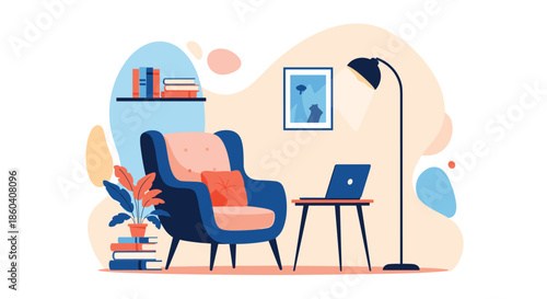 Inviting living room corner featuring a comfortable armchair, a laptop on a side table, and a decorative plant, perfect for relaxation or work.