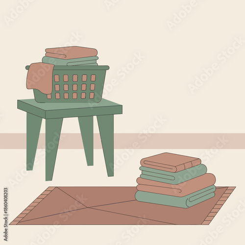 Laundry Basket and Folded Clothes on Rug.