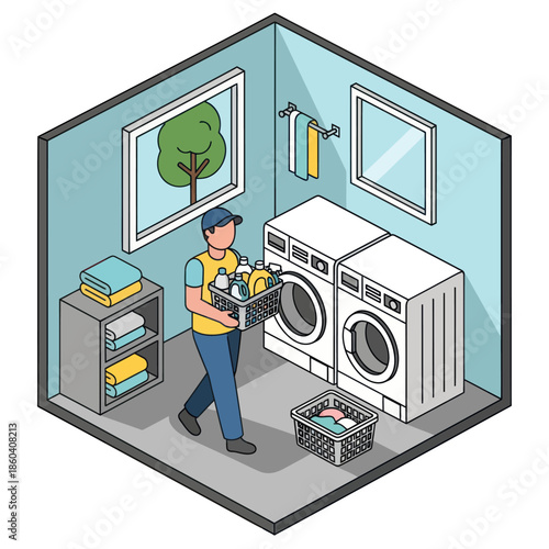 Man Doing Laundry in Utility Room.